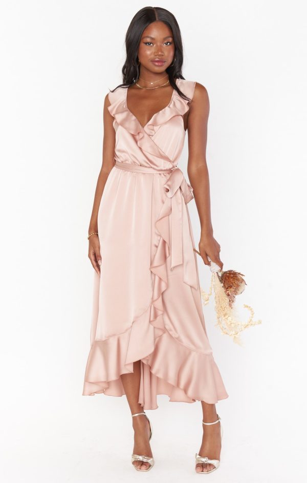 Samantha Ruffle Wrap Dress ~ Rose Gold Luxe Satin For Discount