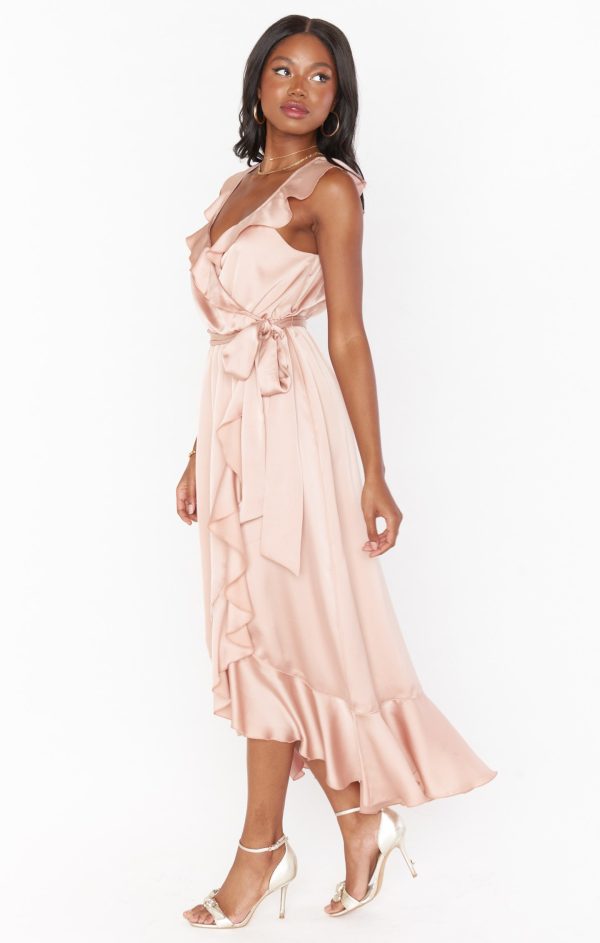 Samantha Ruffle Wrap Dress ~ Rose Gold Luxe Satin For Discount