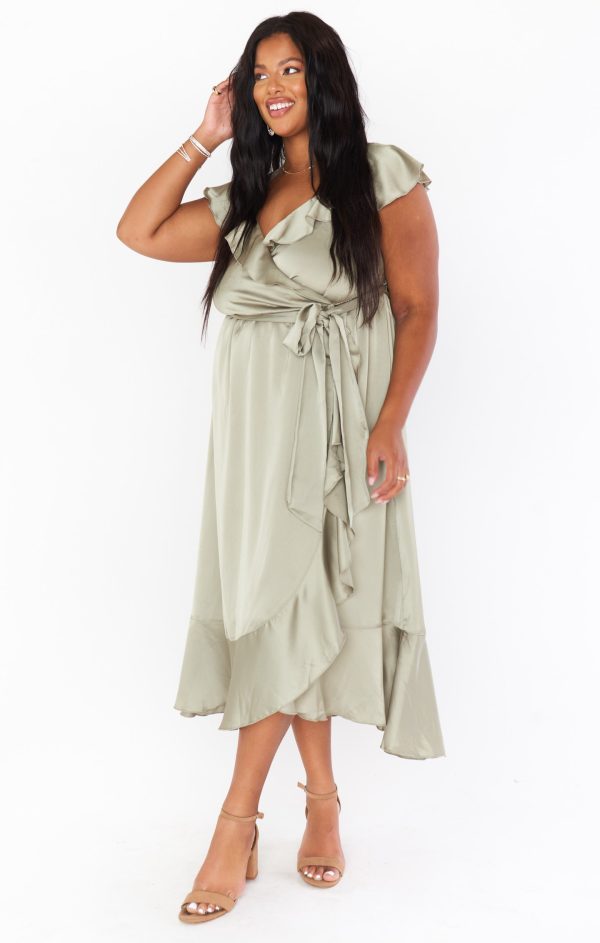 Samantha Ruffle Wrap Dress ~ Moss Green Luxe Satin Sale