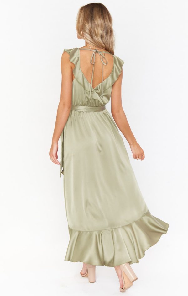 Samantha Ruffle Wrap Dress ~ Moss Green Luxe Satin Sale