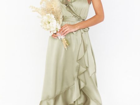 Samantha Ruffle Wrap Dress ~ Moss Green Luxe Satin Sale