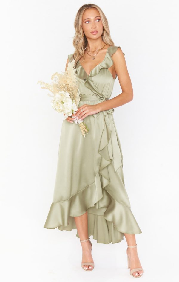 Samantha Ruffle Wrap Dress ~ Moss Green Luxe Satin Sale