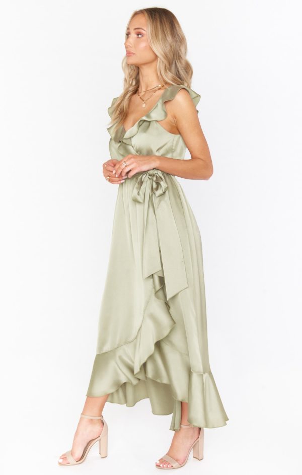 Samantha Ruffle Wrap Dress ~ Moss Green Luxe Satin Sale