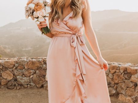 Samantha Ruffle Wrap Dress ~ Rose Gold Luxe Satin For Discount