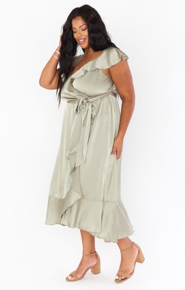 Samantha Ruffle Wrap Dress ~ Moss Green Luxe Satin Sale